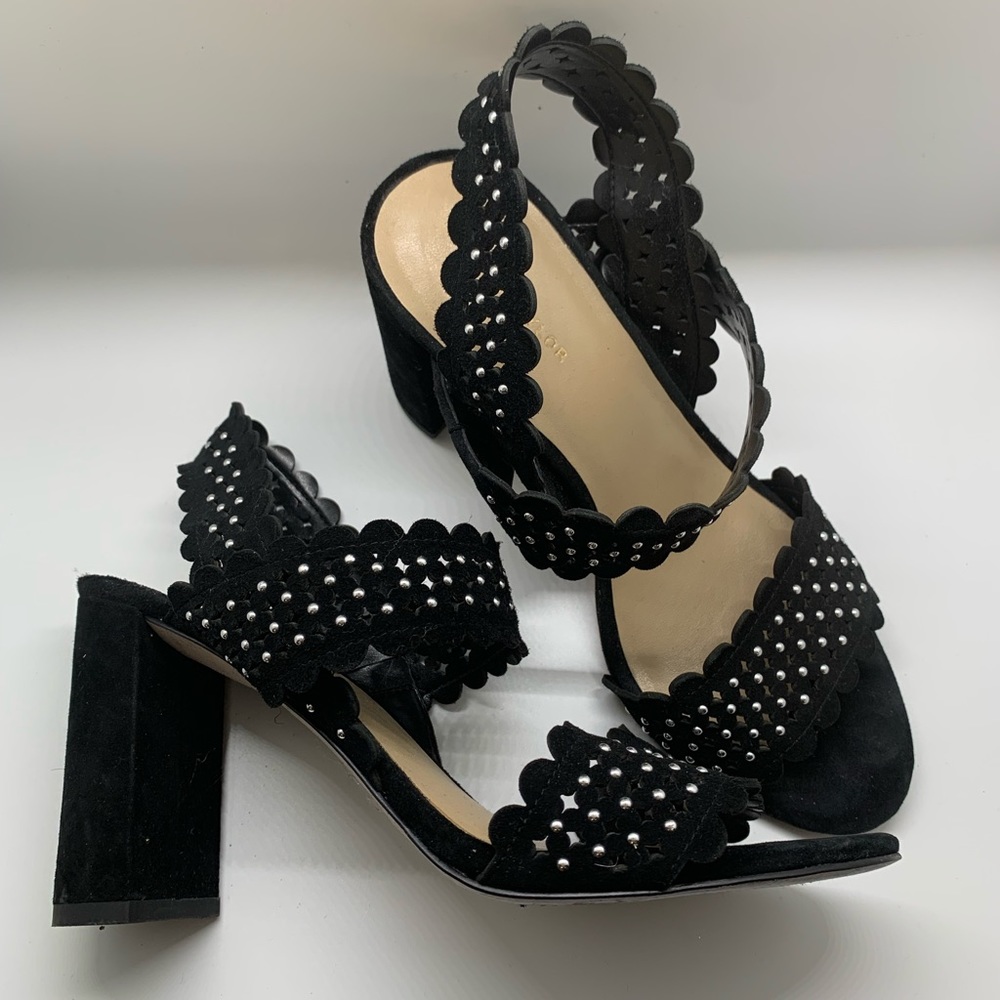 Ann Taylor laser-cut, studded black suede heels, 7